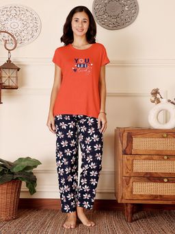 Bodycare - Orange Women Cotton Printed T-Shirt and Pyjama