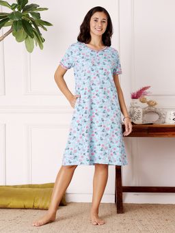 Bodycare - Blue Women Printed Knee Length Nightdress