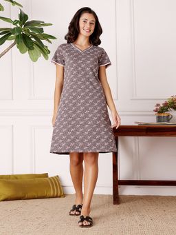 Bodycare - Brown Women Printed Knee Length Nightdress