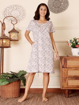 Bodycare - Grey Women Printed Knee Length Nightdress
