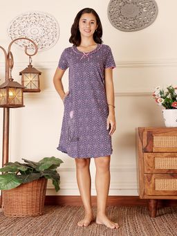 Bodycare - Purple Women Printed Knee Length Nightdress