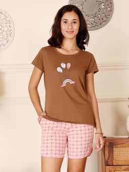 Bodycare - Brown Women Printed T-Shirt and Shorts