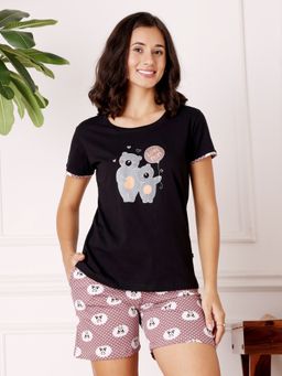 Bodycare - Black Women Printed T-Shirt and Shorts