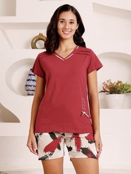 Bodycare - Red Women Printed T-Shirt and Shorts