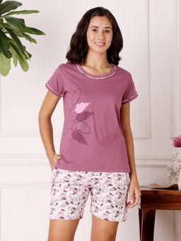 Bodycare - Purple Women Printed T-Shirt and Shorts