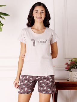 Bodycare - Beige Women Printed T-Shirt and Shorts
