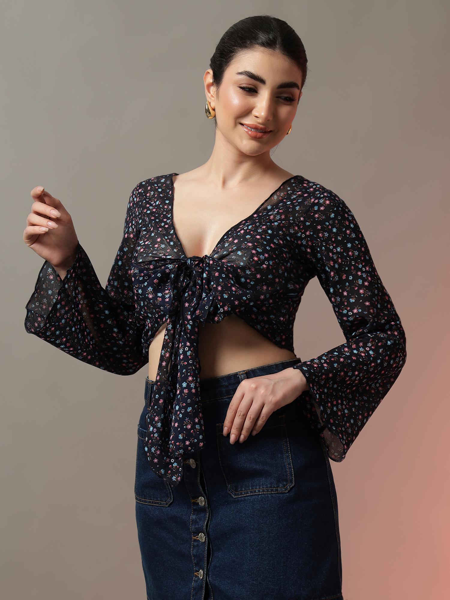 trend arrest Women Navy Blue Floral Printed Front Tie-Up Shrug-picture-30
