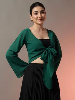 Trend Arrest - Women Green Solid Front Tie-Up Shrug
