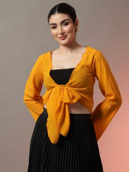 Trend Arrest - Women Mustard Solid Front Tie-Up Shrug