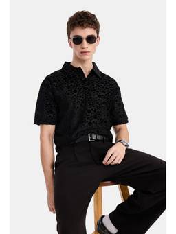 Snitch - Black Textured Half Sleeves Regular Casual Polo T-Shirt