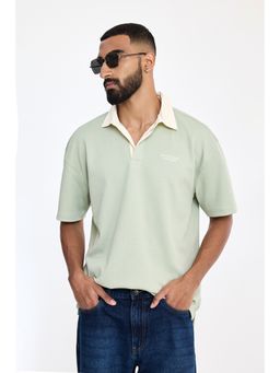 Snitch - Sage Green Solid Half Sleeves Oversized Casual Polo T-Shirt