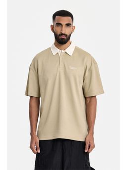 Snitch - Beige Solid Half Sleeves Oversized Casual Polo T-Shirt