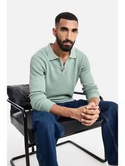 Snitch - Olive Textured Full Sleeves Regular Casual Polo T-Shirt