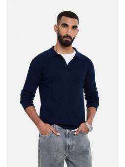 Snitch - Navy Blue Textured Full Sleeves Regular Casual Polo T-Shirt