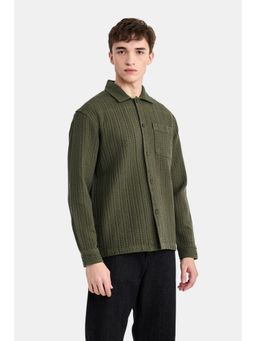Snitch - Olive Textured Full Sleeves Regular Casual Overshirt for Men