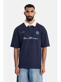 Snitch - Navy Blue Graphic Half Sleeves Oversized Casual Polo T-Shirt