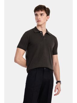 Snitch - Dark Brown Self-Design Half Sleeves Regular Casual Polo T-Shirt