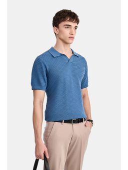 Snitch - Blue Textured Half Sleeves Regular Casual Polo T-Shirt