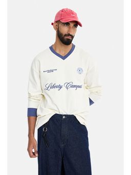 Snitch - Off-White Embroidery Full Sleeves Oversized Casual T-Shirt for Men