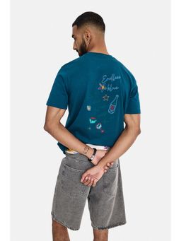 Snitch - Blue Embroidery Half Sleeves Boxy Casual T-Shirt for Men