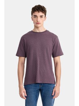 Snitch - Plum Textured Half Sleeves Regular Casual T-Shirt for Men