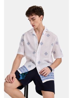 Snitch - White Geometric Half Sleeves Boxy Shirt for Men