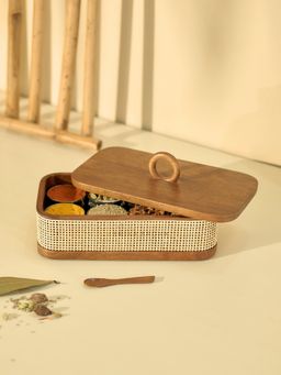 Brick Brown - Tresso Masala Box for Kitchen Handcrafted Rattan Spice Box with 8 Steel Containers