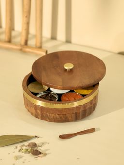 Brick Brown - Zari Wooden Masala Box with Lid & Gold Band 7 Steel Containers & Wooden Spoon
