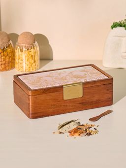 Brick Brown - Noor Spice Box with Lid with 8 Steel Containers & Wooden Spoon