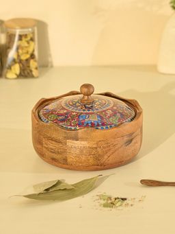 Brick Brown - Mithila Spice Box with Lid with 7 Steel Containers & 1 Wooden Spoon