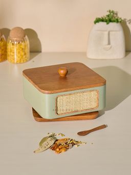 Brick Brown - Jali Wooden Masala Box with Lid 9 Stainless Steel Containers & Wooden Spoon