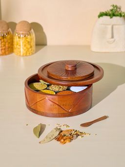 Brick Brown - Roule with Lid Spice Box Organizer with 7 Stainless Steel Containers & Wooden Spoon