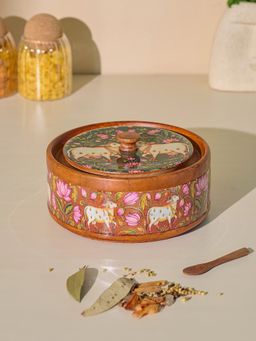 Brick Brown - Vana Masala Box with Lid Spice Box with 7 Steel Containers & Wooden Spoon