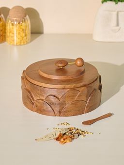 Brick Brown - Dial Masala Box with Lid Spice Box with 7 Stainless Steel Containers & Wooden Spoon
