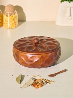 Brick Brown - Saku Masala Box with Lid Spice Box with 7 Stainless Steel Containers & Wooden Spoon