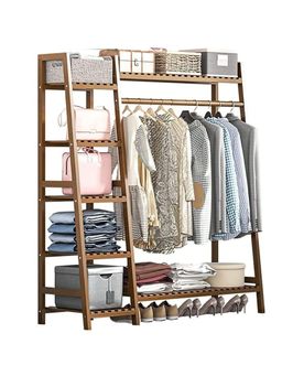 House of Quirk - Tan Bamboo Wood Garment Rack Clothing Rack with 5 Tiers Storage Shelf Corner