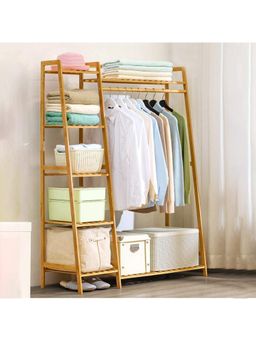 House of Quirk - Light Brown Bamboo Wood Garment Rack Clothing Rack with 5 Tiers Storage Shelf Corner