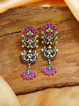Estele - Rhodium Plated Oxidised Purple and Green Meenakari Earrings with Enamel for Women