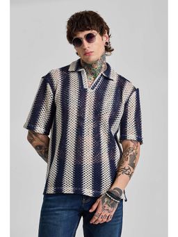 Snitch - Navy Blue Stripes Half Sleeves Boxy Casual Polo T-Shirt for Men