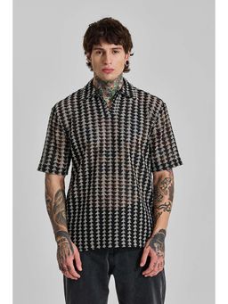 Snitch - Jet Black Geometric Half Sleeves Boxy Casual Polo T-Shirt for Men