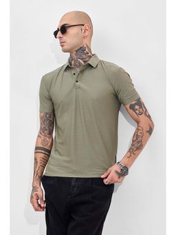Snitch - Olive Green Textured Half Sleeves Slim Casual Polo T-Shirt for Men