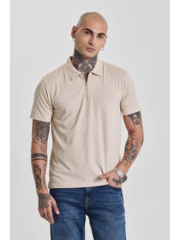 Snitch - Light Beige Solid/Plain Half Sleeves Slim Casual Polo T-Shirt for Men