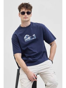 Snitch - Navy Blue Graphic Half Sleeves Oversized Casual T-Shirt for Men