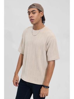 Snitch - Light Beige Geometric Half Sleeves Oversized Casual T-Shirt for Men
