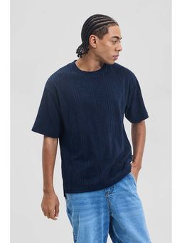 Snitch - Dark Navy Blue Geometric Half Sleeves Oversized Casual T-Shirt for Men