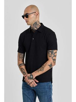 Snitch - Jet Black Self Design Half Sleeves Slim Casual Polo T-Shirt for Men