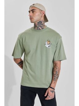 Snitch - Muted Sage Green Graphic Half Sleeves Oversized Casual T-Shirt for Men
