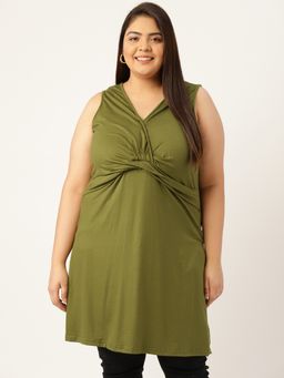 theRebelinme - Plus Size Women Olive Green Solid Color Front Gathered Longline Top