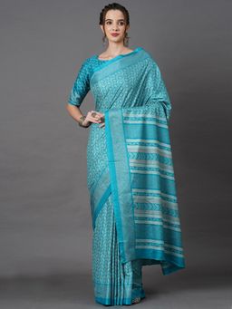 Akhilam - Women Dola Silk Turquoise Printed Designer Saree with Unstitched Blouse Piece