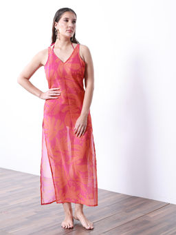 AOBA - Women Orange Floral Printed Swimwear Cover-Up Dress